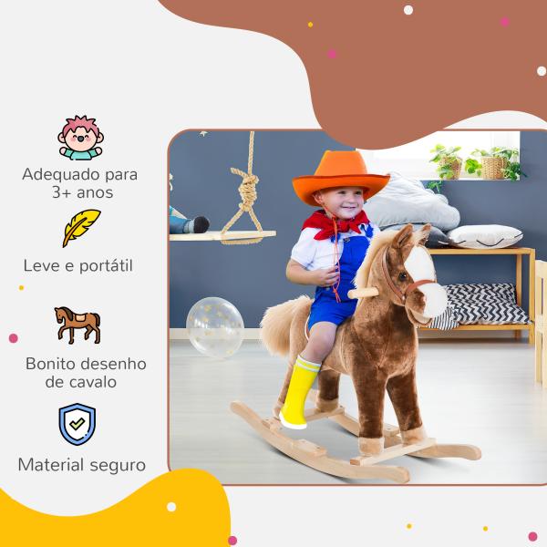 Cavalo de Brincar para crianças +3 anos com Pegas Estrutura Metálica e Base em Madeira Carga 40 kg 74x33x62 cm Castanho
