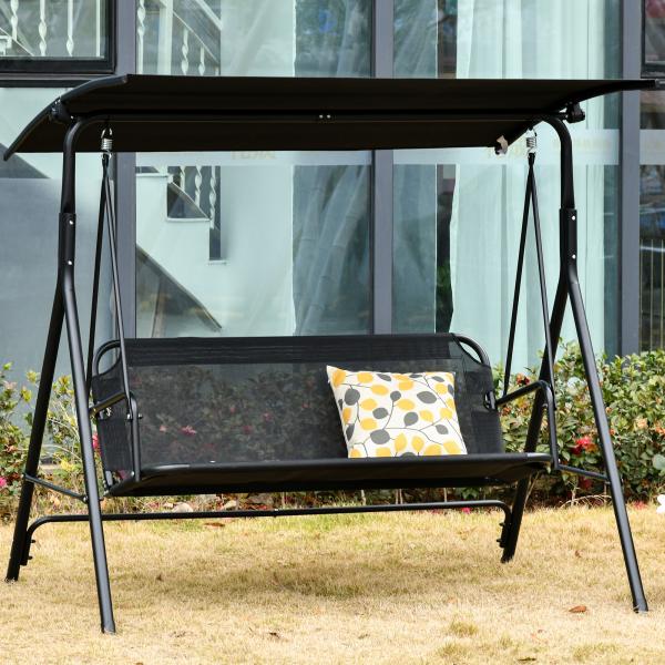 Baloiço de Jardim de 2 Lugares Baloiço com Teto Ajustável em Ângulo para Terraço Balcão Carga Máxima 200kg Aço 172x110x155cm Preto