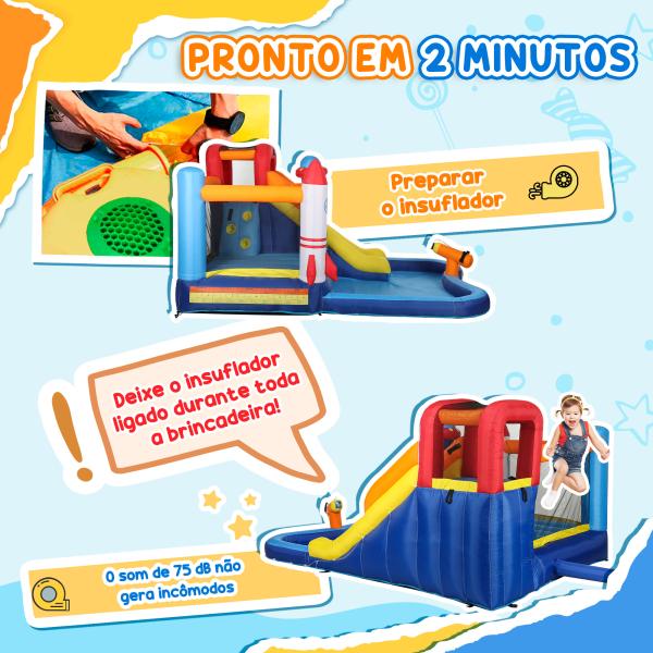 Castelo Insuflável com Insuflador 5 em 1 com Escorrega Piscina Parede de Escalada e Canhão de Água 360x250x195 cm Multicor