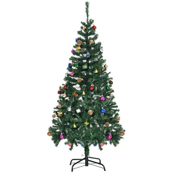 Árvore de Natal Artificial 150cm Ignífugo com 420 Ramos 48 Decorações Folhas de PVC e Suporte Metálico Verde
