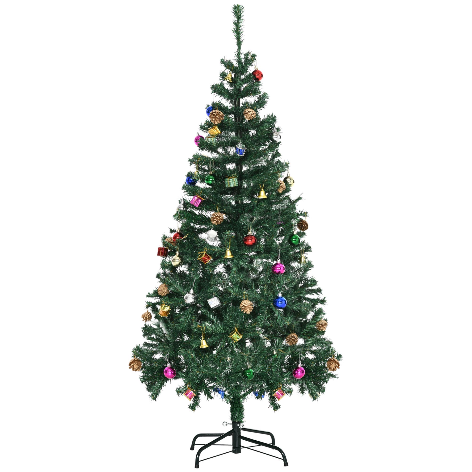 Árvore de Natal Artificial 150cm Ignífugo com 420 Ramos 48 Decorações Folhas de PVC e Suporte Metálico Verde