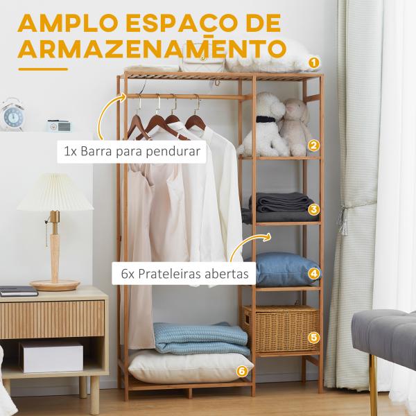 Suporte para Cabides de Bambu com Prateleira de Armazenamento de 6 Níveis e Vara Supensa 90x30x145 cm Madeira
