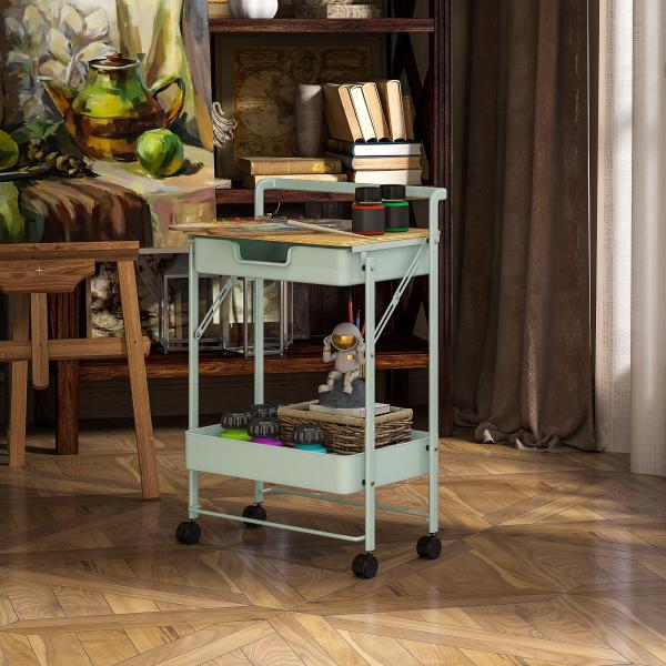 Carrinho Auxiliar com Rodas de 2 Níveis Carrinho de Cozinha com 1 Gaveta e 1 Cesto Carrinho Organizador 45x29,5x68 cm Verde Claro