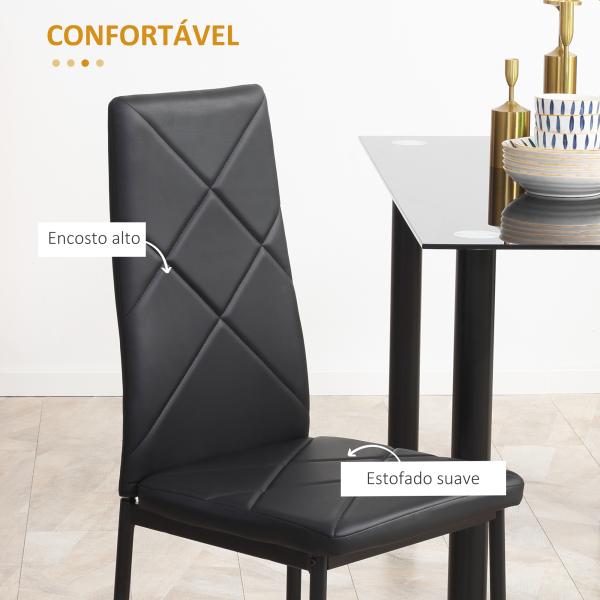 Conjunto de 4 Cadeiras de Sala de Jantar Estofadas em Couro Sintético com Encosto Alto e Pés de Aço 41x50x97 cm Preto