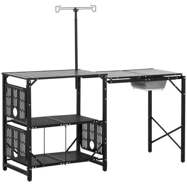 Mesa de Campismo de 3 Níveis Dobrável com Prateleiras de Armazenamento Suporte para Candeeiro e Bolsa de Transporte 173x52x80 - 174 cm Preto