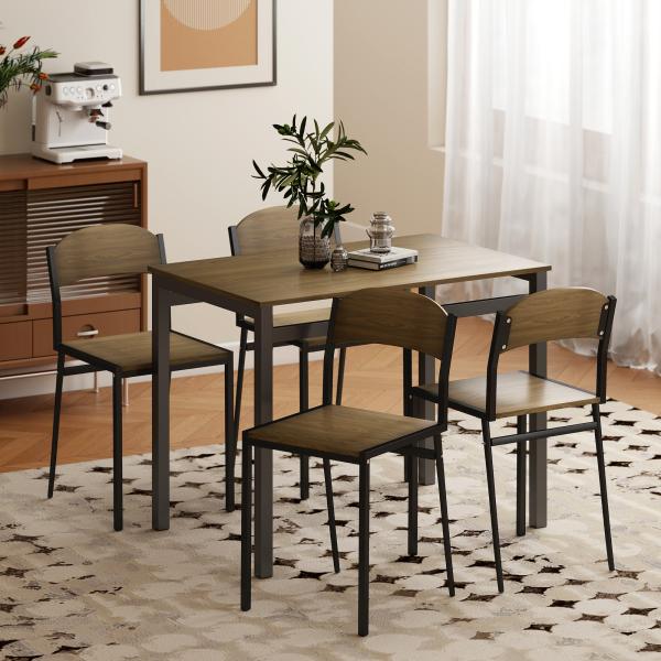 Conjunto de Mesa e Cadeiras de Refeição Mesa de Cozinha Retangular com 4 Cadeiras Estilo Moderno Castanho Escuro e Preto