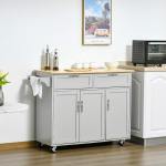 Carrinho de Cozinha com Rodas 2 Gavetas 3 Portas Prateleiras Ajustáveis e Barra para Sala de Jantar 121x46x91cm Cinza e Madeira
