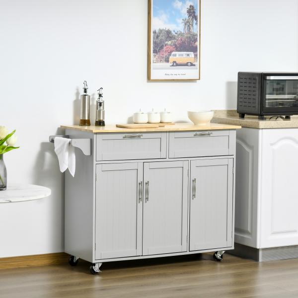 Carrinho de Cozinha com Rodas 2 Gavetas 3 Portas Prateleiras Ajustáveis e Barra para Sala de Jantar 121x46x91cm Cinza e Madeira