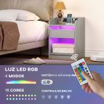 Mesa de Cabeceira com Luzes LED Gaveta Prateleira Estação de Carregamento Entrada USB e Controlo Remoto 40x40x58 cm Cinzento
