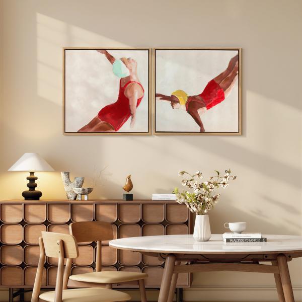 Pinturas em Tela de Figuras Dinâmicas à Mão 40x40 cm 2 Peças Pinturas de Arte de Parede Emolduradas Decoração Moderna Vermelho