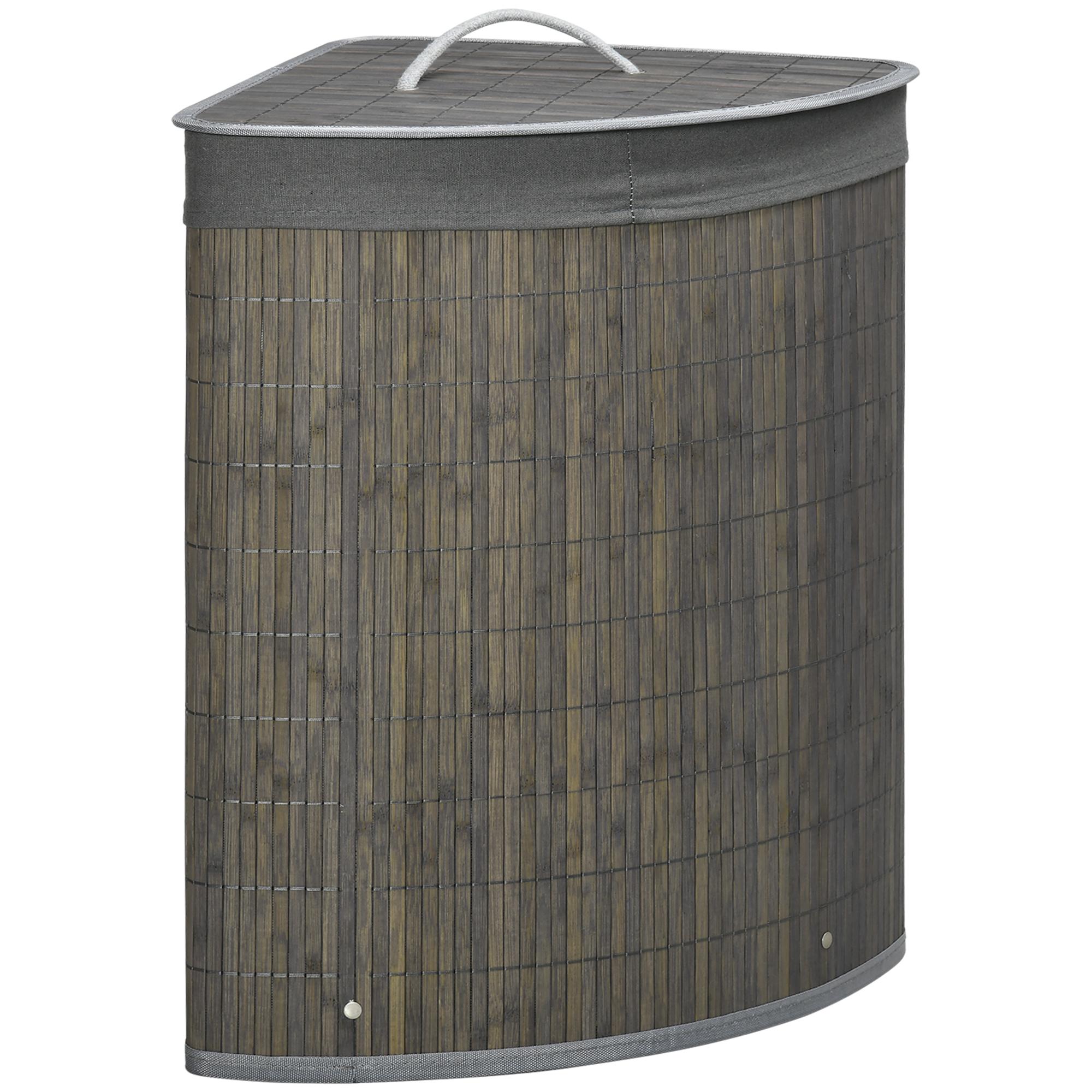 Cesto de Roupa de Bambu Capacidade de 55L Cesto para Roupa Suja com Tampa e Bolsa Amovível 38x38x57 cm Cinza