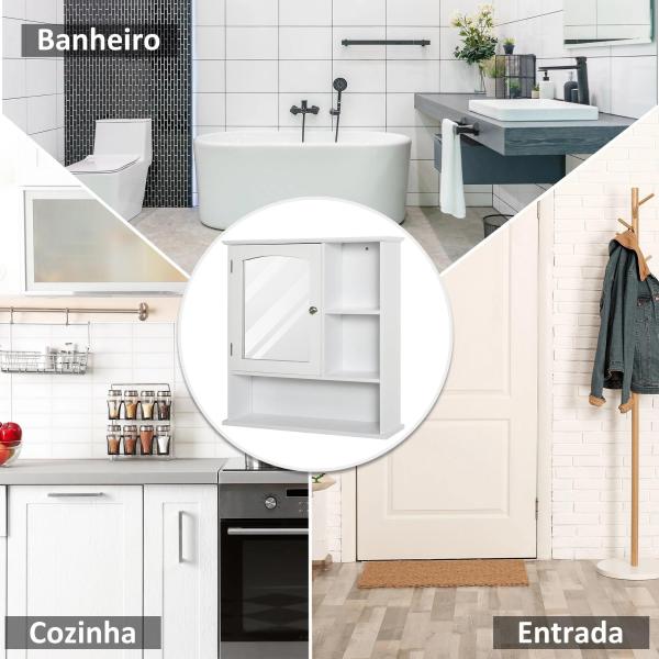 Gabinete de banheiro com grande espelho com prateleira ajustável interna e prateleiras abertas 60x18x63 cm Branco