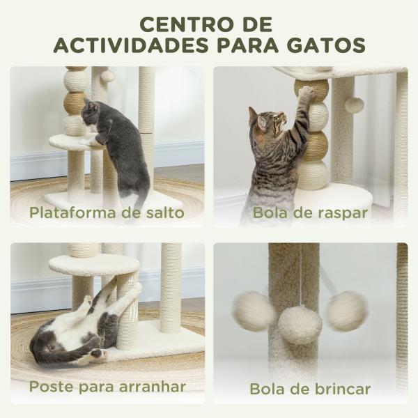 Arranhador para Gatos Arranhador para Gatos com Estofado em Borrego Plataformas Bola Suspensa e Poste de Juta 48,5x40x76 cm Bege