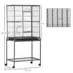 Gaiola para Pássaros com Rodas 81x48x162,5 cm com Bandeja 4 Poleiros 4 Comedouros e Prateleira Preto e Cinza