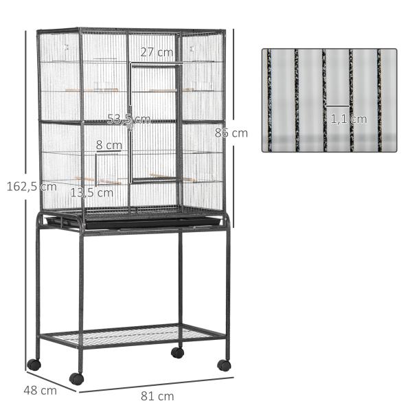 Gaiola para Pássaros com Rodas 81x48x162,5 cm com Bandeja 4 Poleiros 4 Comedouros e Prateleira Preto e Cinza