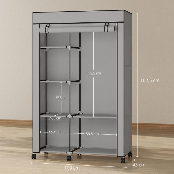 Roupeiro de Tecido Dobrável com 6 Prateleiras 1 Barra de Pendurar e Rodas para Dormitório Vestidor 103x43x162,5 cm Cinza