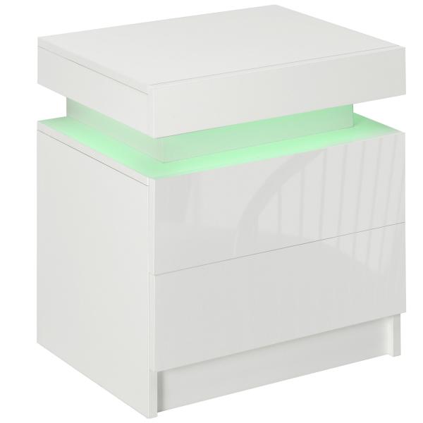 Mesa de Cabeceira com Luz LED Mesa de Cabeceira Painel de Alto Brilho 2 Gavetas e Controlo 45x35x52 cm Branco