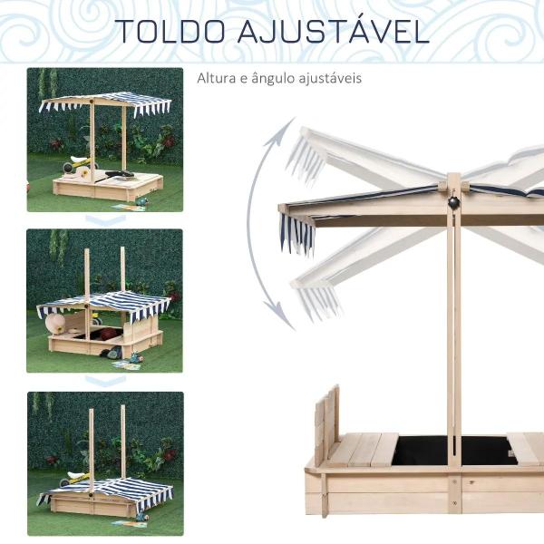 Caixa de Areia de Madeira para Crianças acima de 3 Anos com Banco e Toldo Ajustável Carga 50 kg 106x106x121 cm Madeira