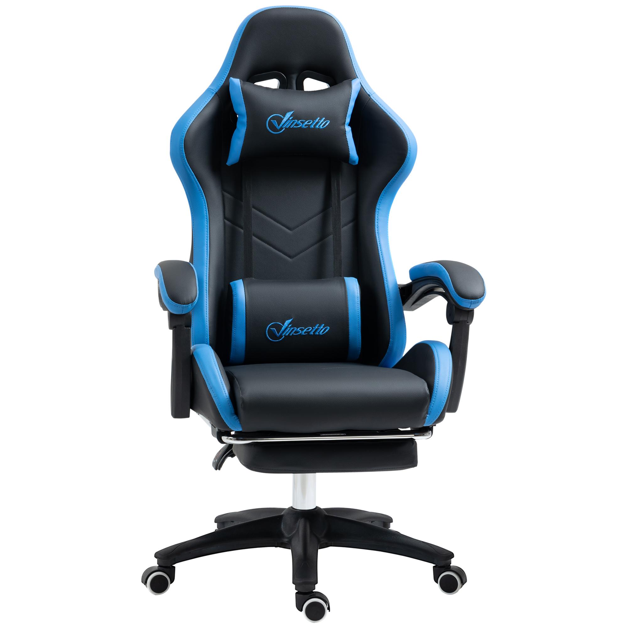 Cadeira Gaming Cadeira Gamer de Pele PU Reclinável 135° Apoio para a Cabeça e Apoio para os Pés 65x65x121 - 129 cm Preto e Azul
