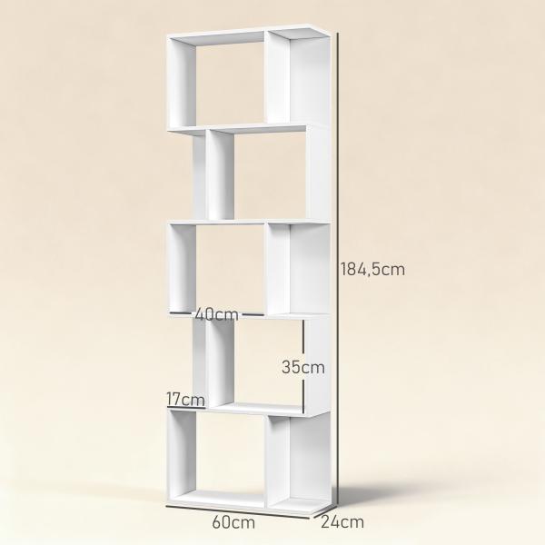 Estante de 5 Níveis em Forma de S com 10 Prateleiras para Quarto Escritório Sala 60x24x184,5 cm Branco