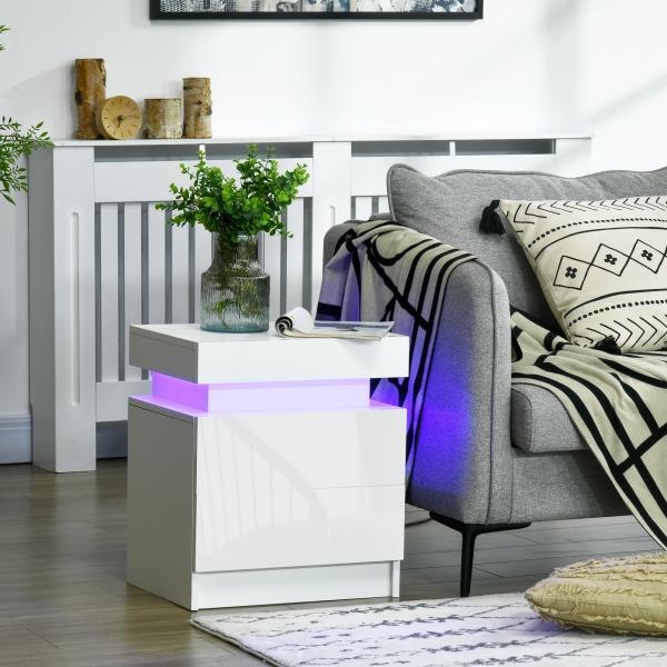 Mesa de Cabeceira com Luz LED Mesa de Cabeceira Painel de Alto Brilho 2 Gavetas e Controlo 45x35x52 cm Branco
