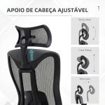 Cadeira de Escritório em Malha com Apoio de Cabeça Ajustável, Apoio Lombar e Apoios de Braços 3D, 70x66x128 cm, Cinzento