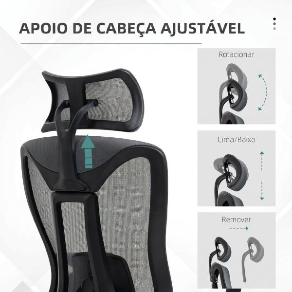 Cadeira de Escritório em Malha com Apoio de Cabeça Ajustável, Apoio Lombar e Apoios de Braços 3D, 70x66x128 cm, Cinzento