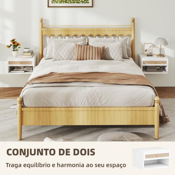 Conjunto de 2 Mesas de Cabeceiras Suspensas com Compartimento Aberto e Gaveta com Frente em Vime 40x34x23 cm Branco