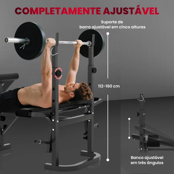 Banco de Musculação Multifuncional Inclinável Banco de Pesos com Suporte para Barra Ajustável Extensão de Pernas 106x155x202 cm Preto