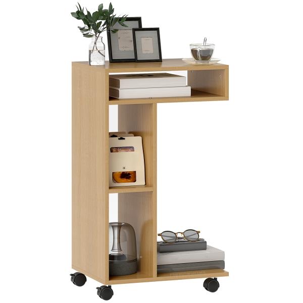 Mesa Auxiliar em Forma de C Mesa Auxiliar para Sofá com Rodas Compartimentos Abertos 40x30x69 cm Madeira