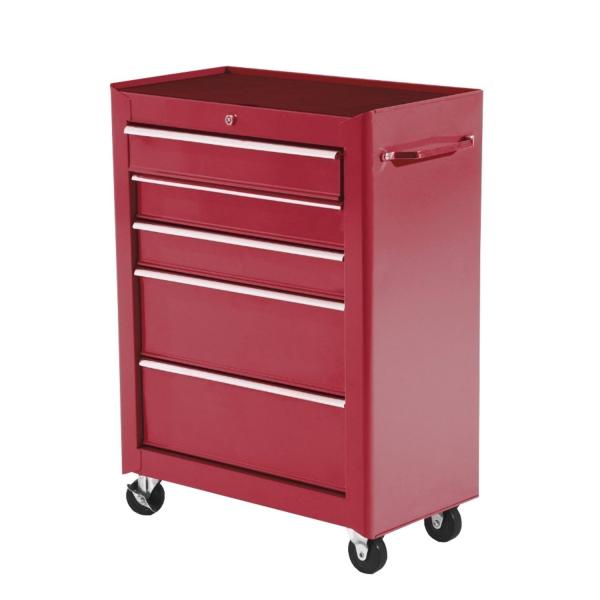 Carrinho de Ferramentas para Oficina com Rodas e 5 Gavetas Fechadura e Alça Lateral 61,5x33x85 cm Vermelho