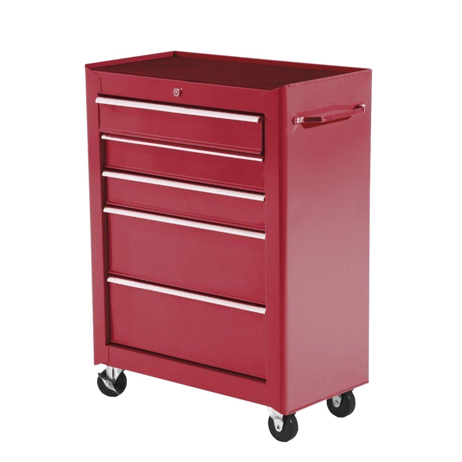 Carrinho de Ferramentas para Oficina com Rodas e 5 Gavetas Fechadura e Alça Lateral 61,5x33x85 cm Vermelho