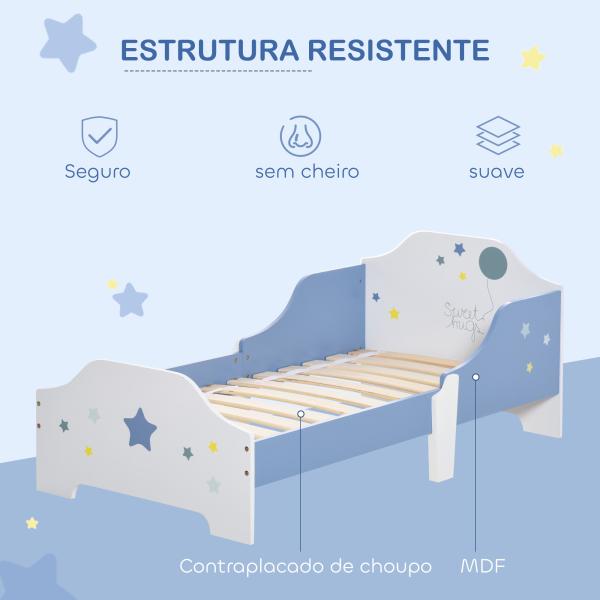Cama para Crianças 143x74x59 cm Cama Infantil com Desenho em Estrelas Carga 50 kg para Dormitório Azul e Branco