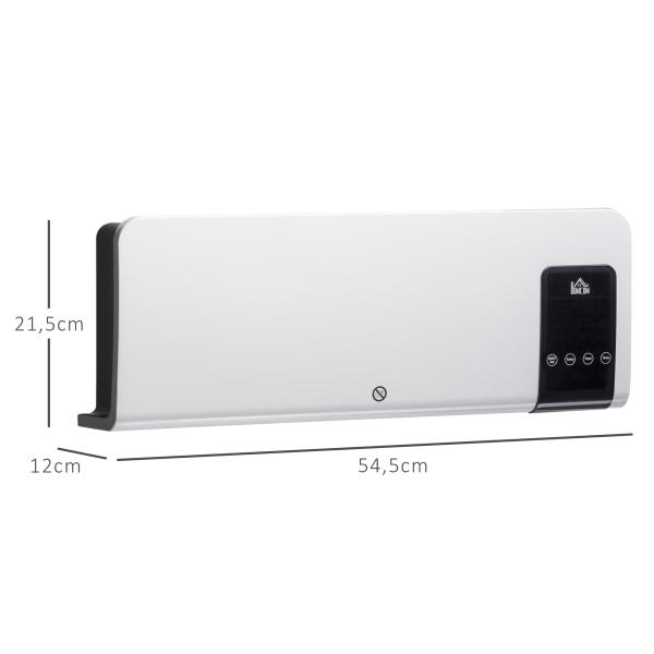 Aquecedor Elétrico de Parede 1000W/2000W Aquecedor com Ecrã LED Controlo Remoto Termostato Temporizador 54,5x12x21,5cm Branco