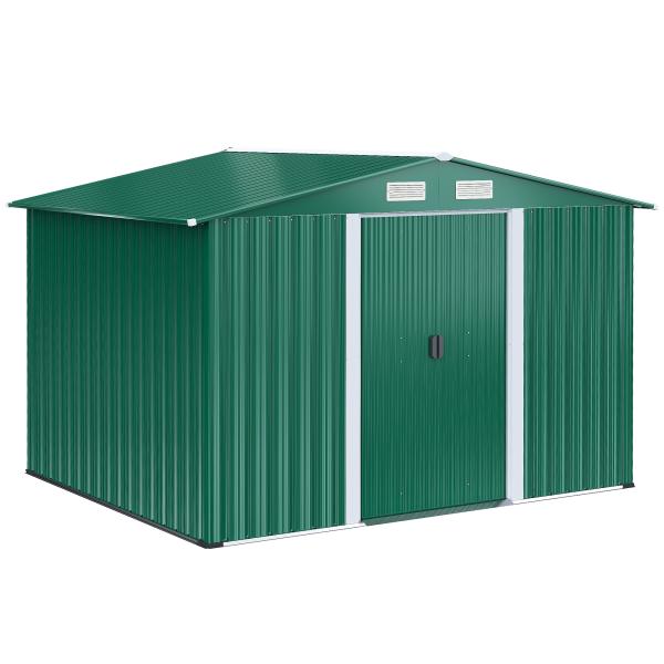 Abrigo de Jardim 258x206x178cm 5,3m² Abrigo de Aço Galvanizado com Portas de Correr e Ventilações para Armazenamento de Ferramentas Jardinagem Verde