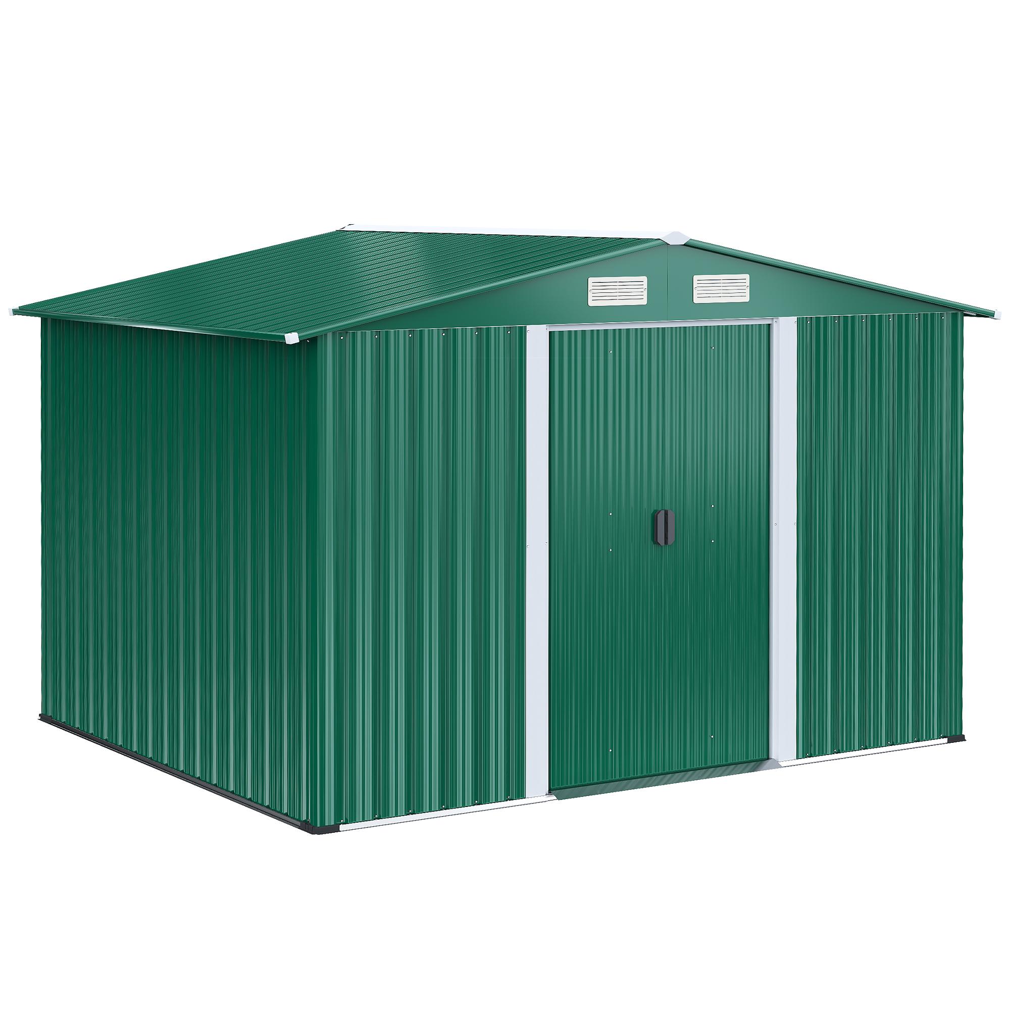 Abrigo de Jardim 258x206x178cm 5,3m² Abrigo de Aço Galvanizado com Portas de Correr e Ventilações para Armazenamento de Ferramentas Jardinagem Verde