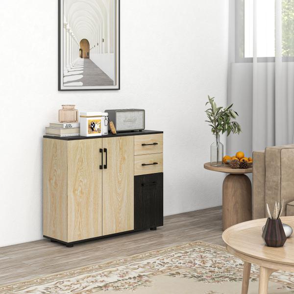 Aparador Estreito de Sala com 2 Portas, 2 Gavetas e Prateleira Ajustável 90x30x75,5 cm Natural e Preto