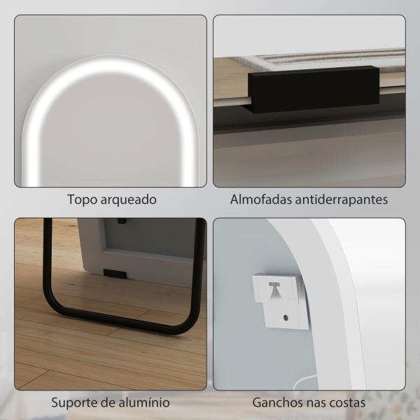 Espelho de Corpo Inteiro com Luzes 150x50 cm Arqueado Sem Moldura 3 Tons de Luz Brilho Ajustável Transparente