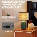 Candeeiro de Mesa com Base de Cerâmica e Ecrã de Linho Estilo Retro com Interruptor E27 40W Verde e Madeira