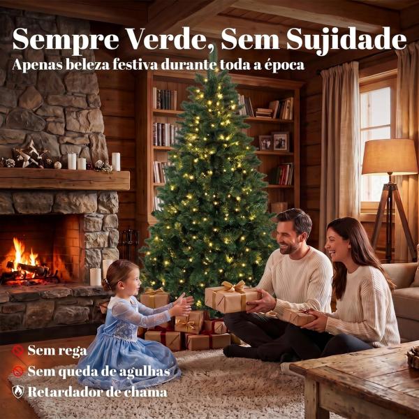 Árvore de Natal 180 cm com 250 Luzes LED, 11 Modos, Comando à Distância, 800 Pontas e Base Dobrável em Aço, Verde
