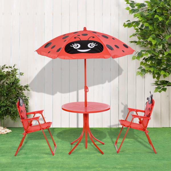 Conjunto de Mesa e Cadeira de Jardim Conjunto de Picnic Dobrável para Crianças Conjunto de Mesa com Chapéu de Sol com Altura Ajustável 100 - 125cm Desenho de Joaninha Vermelho