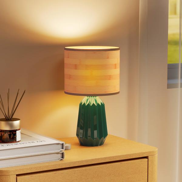 Candeeiro de Mesa com Base de Cerâmica e Ecrã de Linho Estilo Retro com Interruptor E27 40W Verde e Madeira