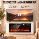 Lareira Elétrica de Pé 900/1800 W com Móvel para TV até 55", 12 Cores de Chama 3D, 5 Níveis de Brilho, Comando à Distância, para 35 m², Branco