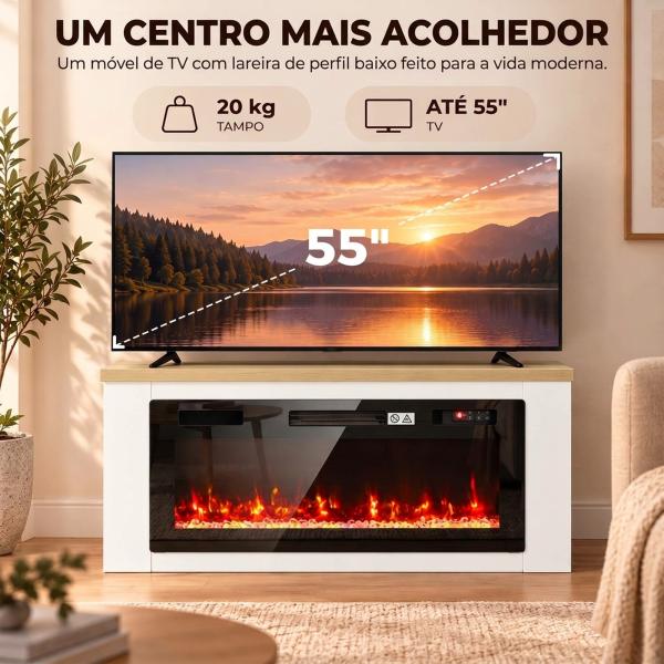 Lareira Elétrica de Pé 900/1800 W com Móvel para TV até 55", 12 Cores de Chama 3D, 5 Níveis de Brilho, Comando à Distância, para 35 m², Branco