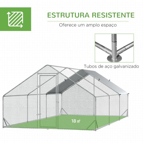Galinheiro de Exterior Grande 3x6x2m Gaiola para 12 - 18 Galinhas de Aço Galvanizado com Teto de PE e Fechadura para Coelhos Prata