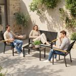 Conjunto de Jardim Exterior de 4 Peças com Sofá de 2 Lugares 2 Cadeiras e Mesa de Vidro Temperado Tecido Textilene Preto