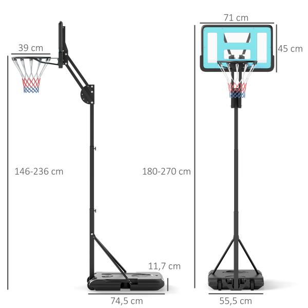Tabela de Basquetebol Ajustável de 146 - 236 cm Portátil com Rodas e Base Preenchível com Água ou Areia 71x45x146 - 236 cm Preto