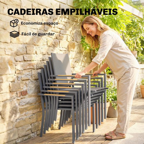 Conjunto de Mesa e Cadeiras de Jardim de 7 Peças Móveis de Jardim para Exterior com Mesa de Plástico PSPC 6 Cadeiras Empilháveis Cinza Escuro