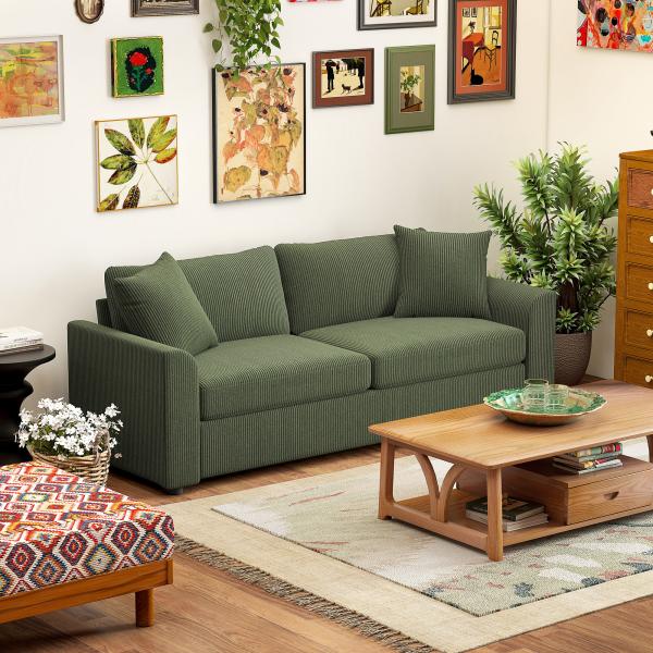 Sofá de 3 Lugares Sofá Sala de Estar 212x80x88 cm Estofado em Veludo Canelado com 2 Almofadas Desenho Moderno Verde