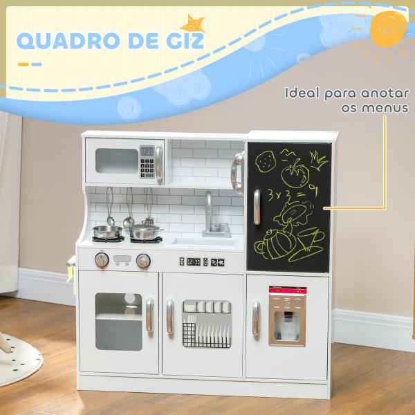 Cozinha de Brincar para Crianças Cozinha Infantil de Madeira com Acessórios Máquina de Gelo e Ardósia 83,8x26,8x81 cm Branco